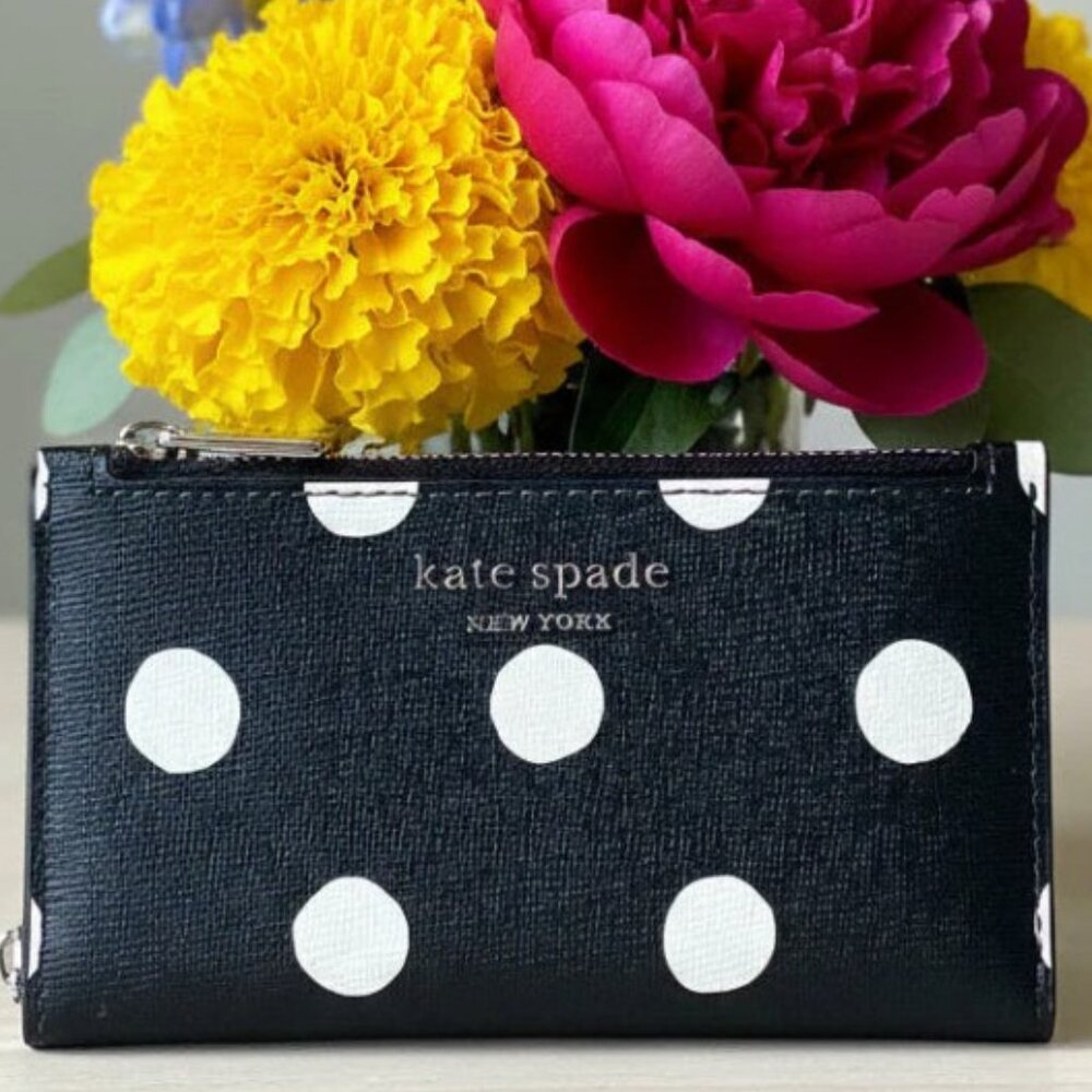 Kate Spade Morgan Slim Bifold Wallet Black White Polka Dot